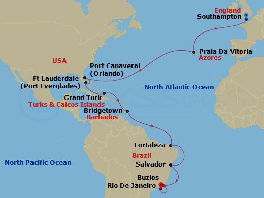 28-night Southampton To Rio De Janeiro Cruise Itinerary Map