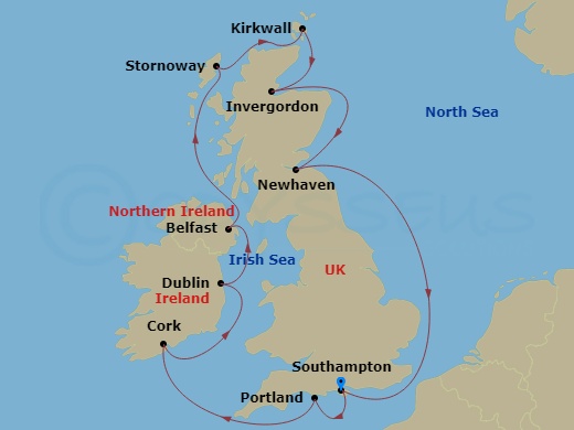 10-night British Isles:England, Ireland & Scotland Cruise Itinerary Map