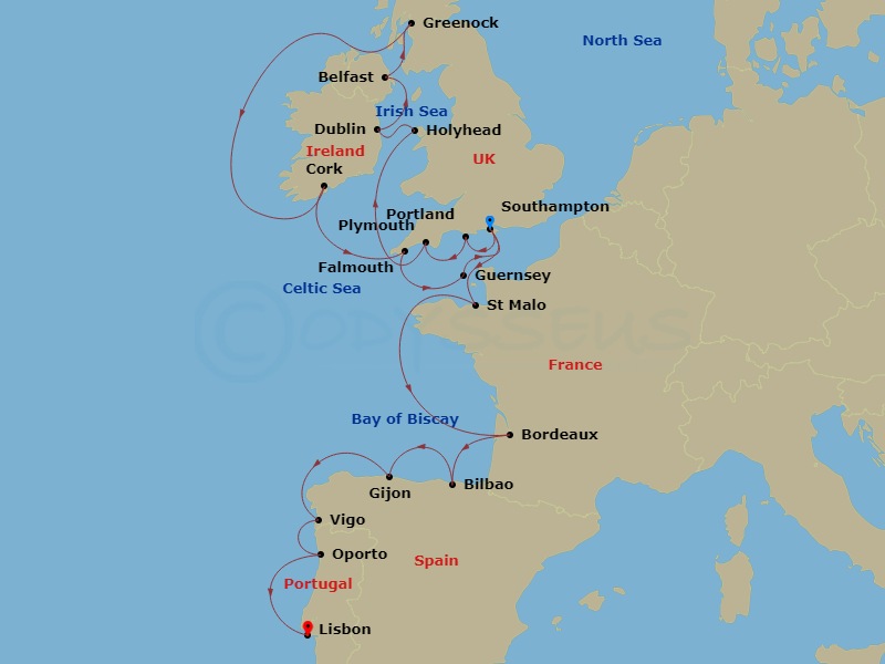24-night British Isles and Europe Cruise Itinerary Map