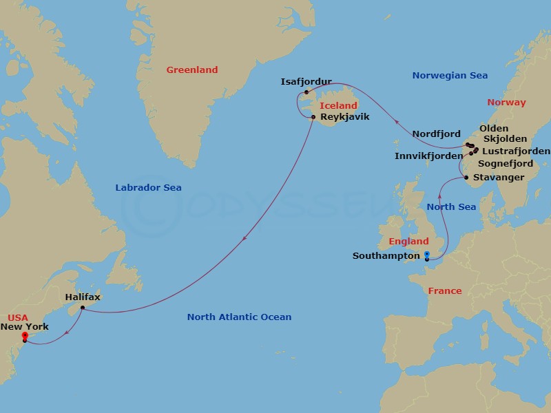 14-night Transatlantic Crossing, Norwayand Iceland Cruise Itinerary Map