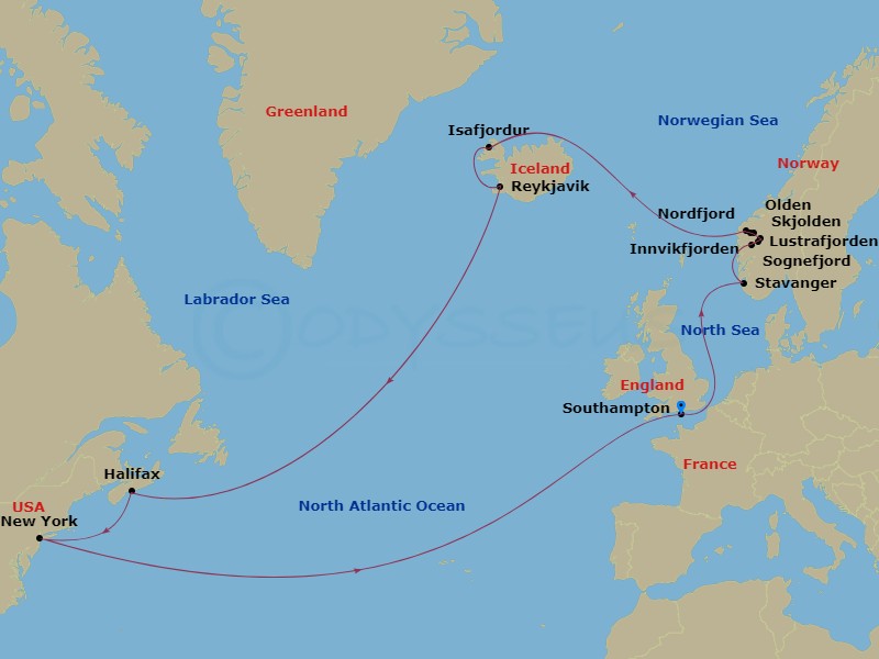 21-night Transatlantic Crossing, Norwayand Iceland Cruise Itinerary Map
