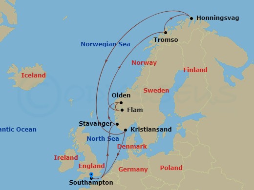 12-night Norwegian Fjords & Arctic Circle Cruise Itinerary Map