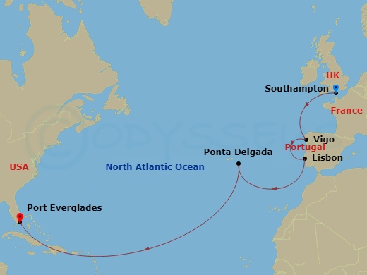 13-night Westbound Transatlantic from Southampton Cruise Itinerary Map
