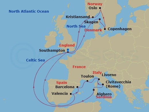 21-night Mediterranean & Scandinavia Medley Cruise Itinerary Map