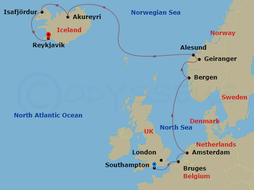 11-night Northern Europe: Iceland, Norway & Belgium Cruise Itinerary Map