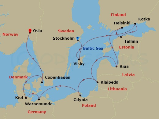 11-night Baltic: Germany, Sweden & Poland Cruise Itinerary Map