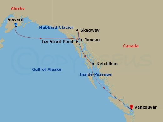 7-night Southbound Alaska & Hubbard Glacier Cruise Itinerary Map