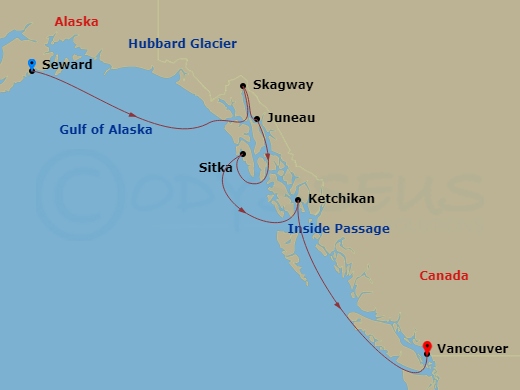 itinerary map of 7-night Southbound Alaska Cruise