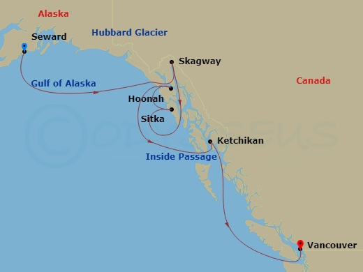 itinerary map of 7-night Southbound Alaska Cruise