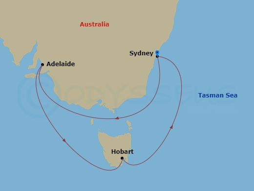 7-night Tasmania & Adelaide Cruise Itinerary Map