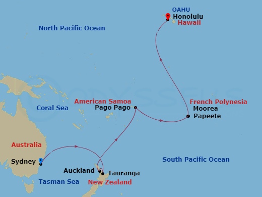 20-night Hawaii, Tahiti & South Pacific Crossing Cruise Itinerary Map
