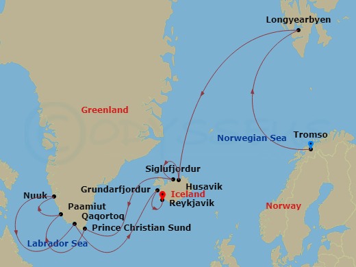 15-night Glaciers and Greenland Voyage  Itinerary Map