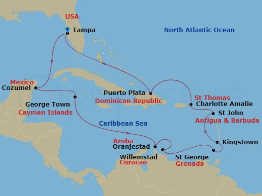 14-night Circle the Caribbean Cruise Itinerary Map