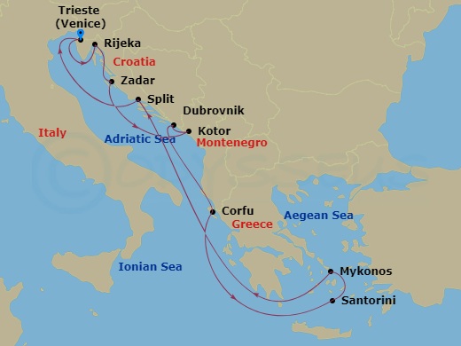 10-night Greek Isles: Santorini, Mykonos & Croatia Cruise Itinerary Map
