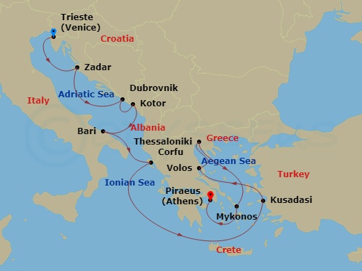 11-night Aegean Icons Voyage Itinerary Map