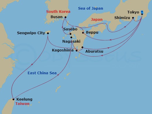 itinerary map of 19-night Japan Grand Voyage Cruise