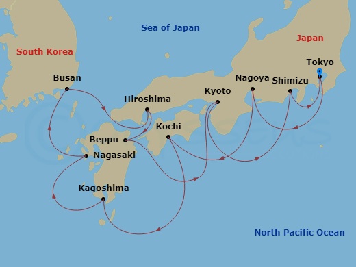 12-night Revelations of Japan Voyage Itinerary Map