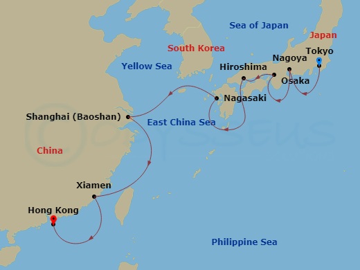 12-night Riches of East Asia Voyage Itinerary Map