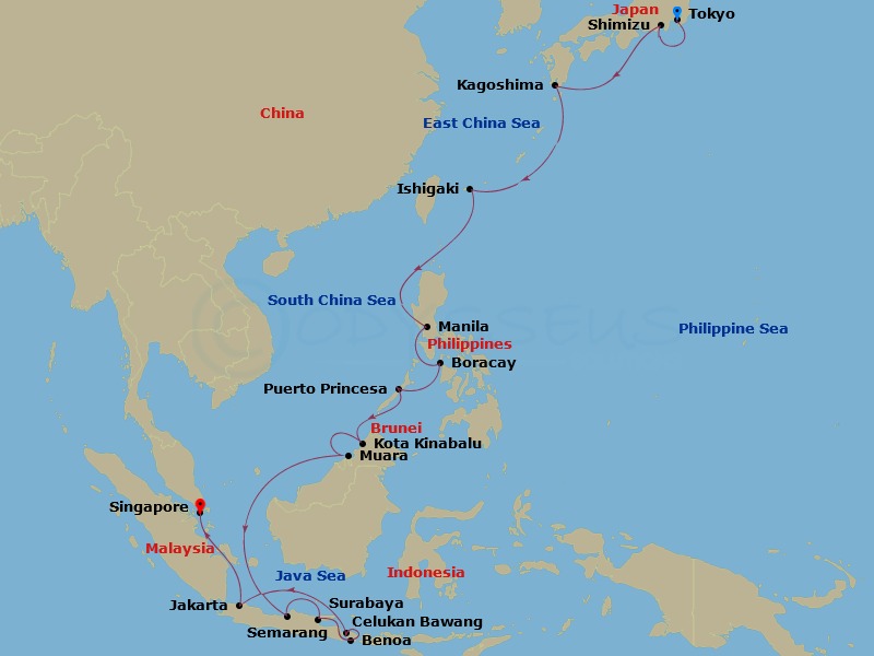 24-night Tropics of the Far East Voyage Itinerary Map