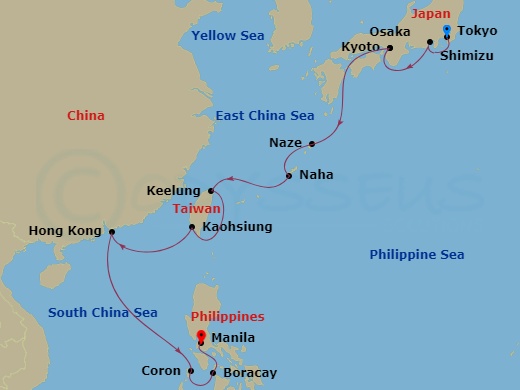 14-night Japan: Osaka, Ishigaki & Shimizu Cruise Itinerary Map