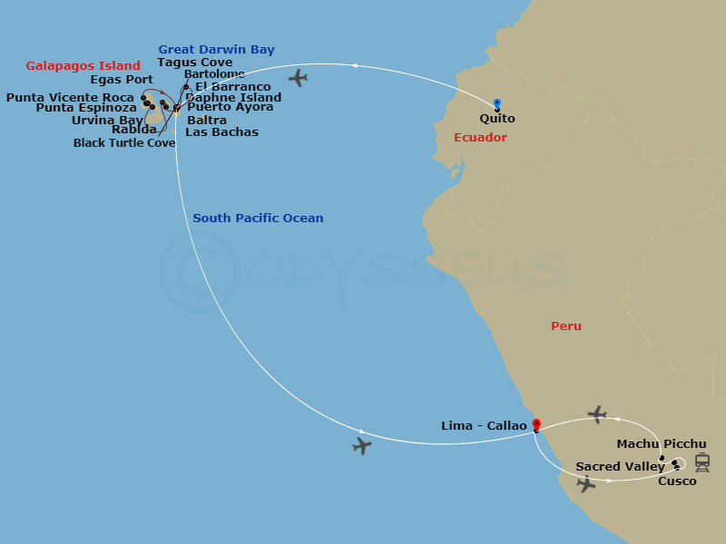 16-night Galapagos Northern Loop & Machu Picchu Cruise/Land Package Itinerary Map