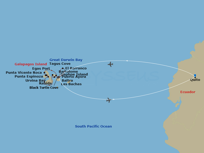 11-nght Quito & Galapagos Northern Loop Cruise/Land Package Itinerary Map