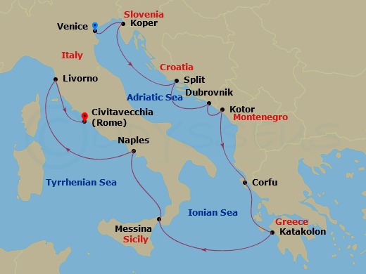 10-night Mediterranean: Italy, Greece & Croatia Cruise Itinerary Map