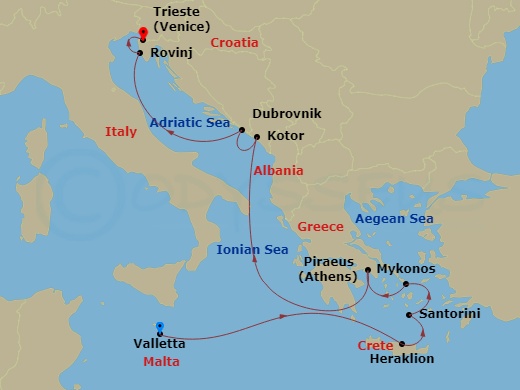 10-night Ionian & Adriatic Seas Voyage Itinerary Map