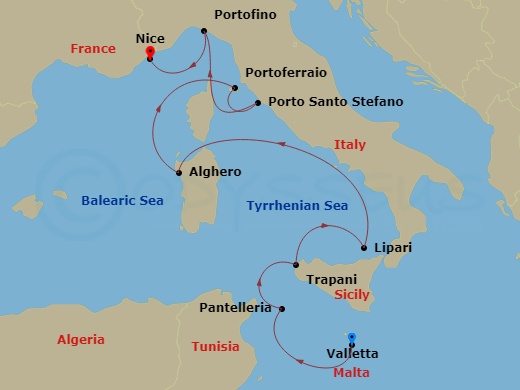 9-night Mediterranean Cruise Itinerary Map