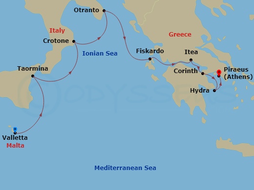 itinerary map of 7-Night Secluded Southern Italy & Greece Cruise