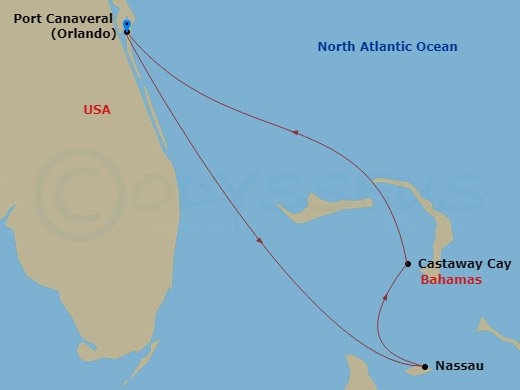 itinerary map of 3-night Bahamas Cruise