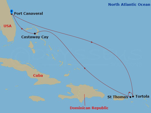 7-night Disney Treasure Maiden Voyage Eastern Caribbean Cruise from Port Canaveral Itinerary Map