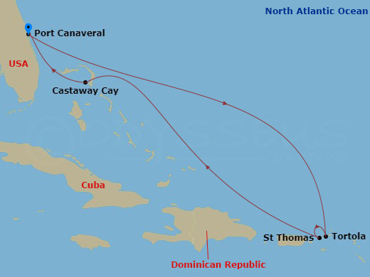 itinerary map of 7-night Eastern Caribbean Cruise from Port Canaveral