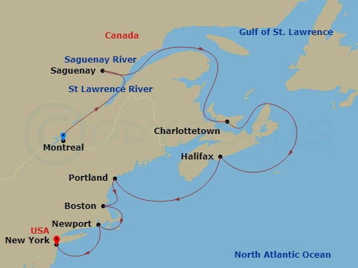 11-night New England and Canada Cruise Itinerary Map