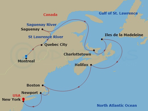 11-night New England and Canada Cruise Itinerary Map