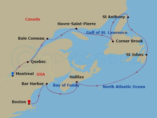 10-night Newfoundland & New England Discovery Cruise Itinerary Map