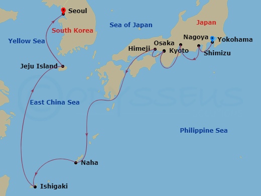 11-night Asia: Osaka, Jeju & Nagoya Cruise Itinerary Map