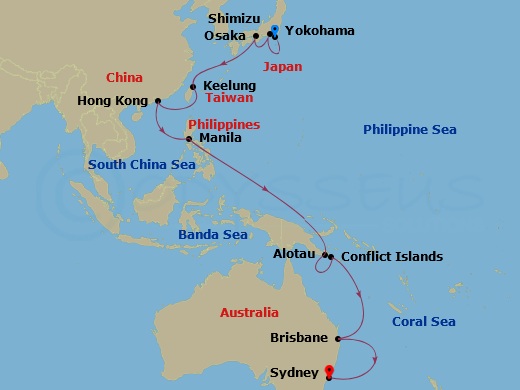22-night Asia & Australia Cruise Itinerary Map