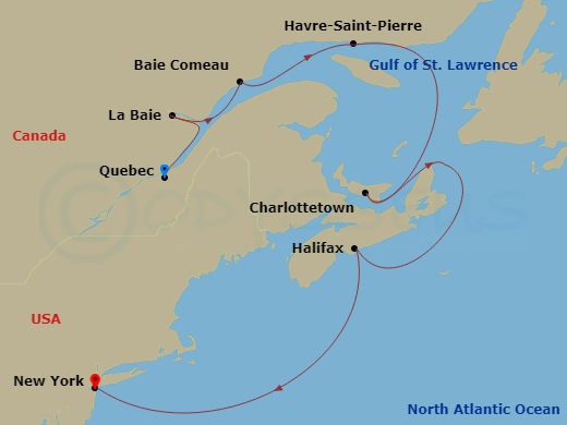 10-night Quebecois Culture, Canadian Fjords & New Amsterdam Cruise Itinerary Map