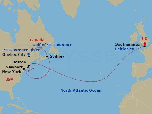 14-night Transatlantic Crossing, New England And Canada Cruise Itinerary Map