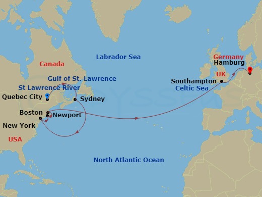 16-night Transatlantic Crossing, New England And Canada Cruise Itinerary Map