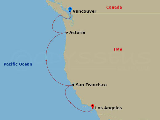itinerary map of 6-night A Journey Tracing North America’s Pacific Shores Cruise