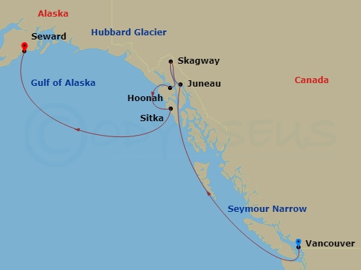 itinerary map of 7-night Northbound Alaska Cruise