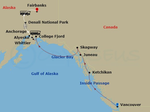 14-night Double Denali Cruisetour D4C Itinerary Map