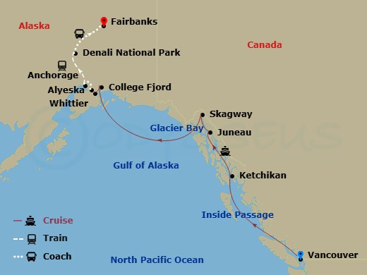 14-night Double Denali Cruisetour D4C Itinerary Map