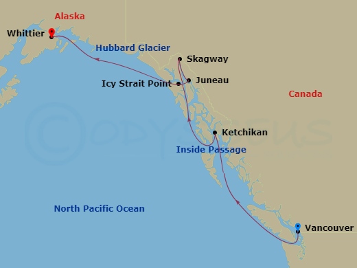 7-night Alaska - Northbound: Hubbard Glacier & Skagway Cruise Itinerary Map