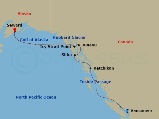 7-night Alaska Northbound Glacier Cruise Itinerary Map
