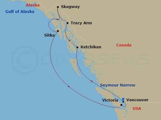itinerary map of 8-night Alaska Cruise