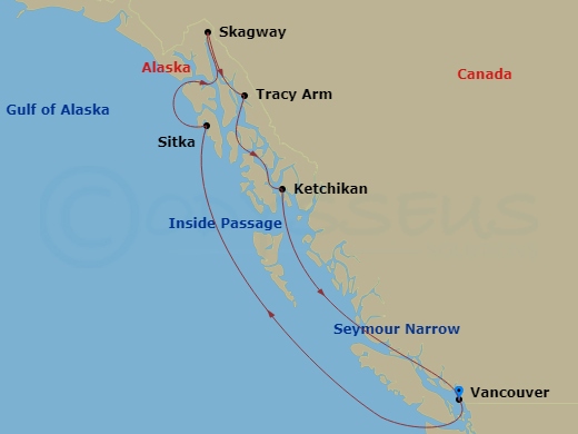 itinerary map of 7-night Alaska Cruise
