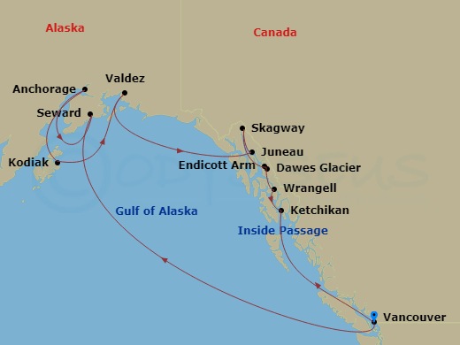 14-night Great Alaska Explorer Cruise Itinerary Map